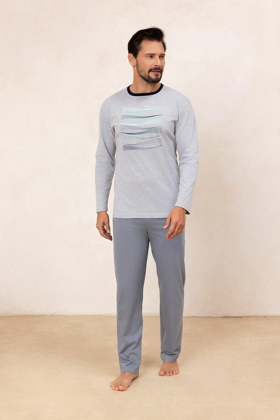 Regina 492 grigio - pigiama da uomo in cotone a maniche lunghe, taglio classico