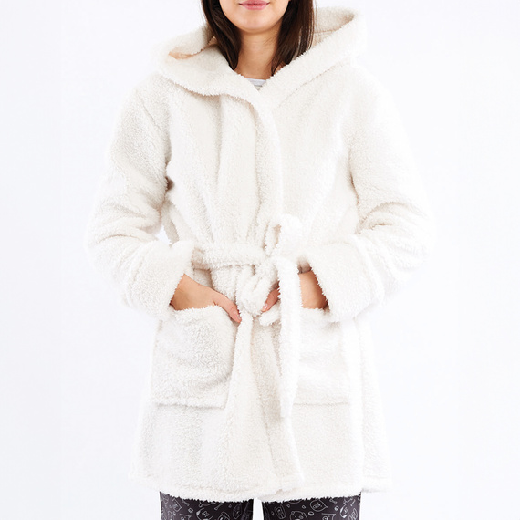 Igrid Vestaglia da donna Sorbetto - bianca, soffice con cappuccio di orsacchiotto