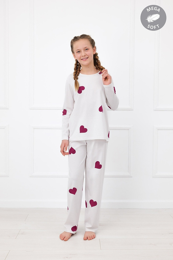 Italian Fashion Kioga Pigiama lunga ragazza Mega Soft ecru con cuori