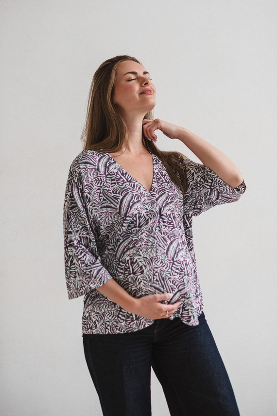 Blusa premaman Bahama Mama Milk&Love con stampa tropicale, viscosa, manica 3/4, oversize