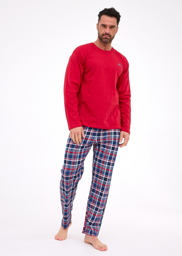 124/312 Ready 3 Cornette maroon - pigiama da uomo in cotone, manica lunga, pantaloni a quadri
