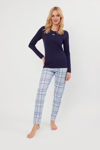 Adriana Pigiama donna manica lunga, pantaloni lunghi Moda italiana - blu navy/stampa