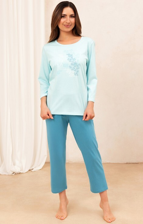 706 Pigiama da donna in cotone turchese - maniche 3/4, pantaloni 7/8, stampa decorativa