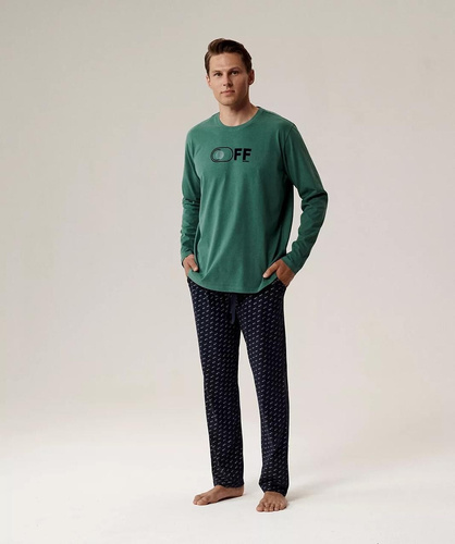 Pigiama da uomo NMP-390 verde atlantico e blu navy - cotone, manica lunga, comodo e caldo per le notti più fresche