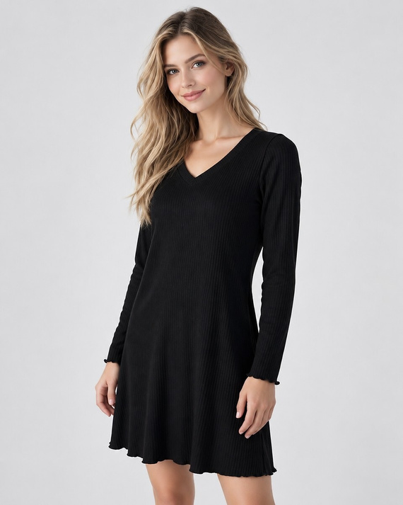 Eladar Greya Maglia Donna in Viscosa Nera a Costine con Pizzo e Scollo a V