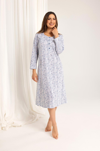 Camicia da notte da donna Regina 017 blu - cotone, manica lunga, comoda e classica