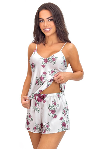 Pigiama Julia 1/2 Ecru Flowers Donna – Pigiama in satin con spalline regolabili e stampa floreale