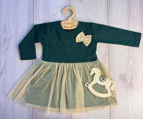 SH03 Abito da bambina Merry Christmas Mamatti - verde bottiglia, manica lunga, fondo in tulle dorato