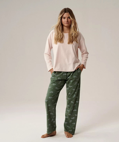 Pigiama donna NLP-501 Atlantic rosa-verde - 100% cotone effetto pesca, manica lunga, pantaloni con tasche | Calore e comfort Premium