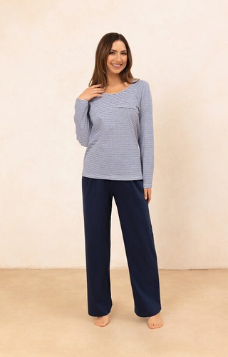 715 Pigiama da donna Regina blu navy - cotone, camicia a righe con taschino
