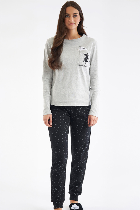 Shearly Pigiama donna grigio Sorbetto - 100% cotone, applicazioni 3D, pantaloni con coulisse