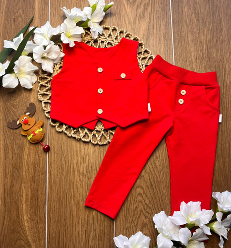 Mamatti KC014 completo bambino rosso in cotone con gilet e pantaloni con bottoni