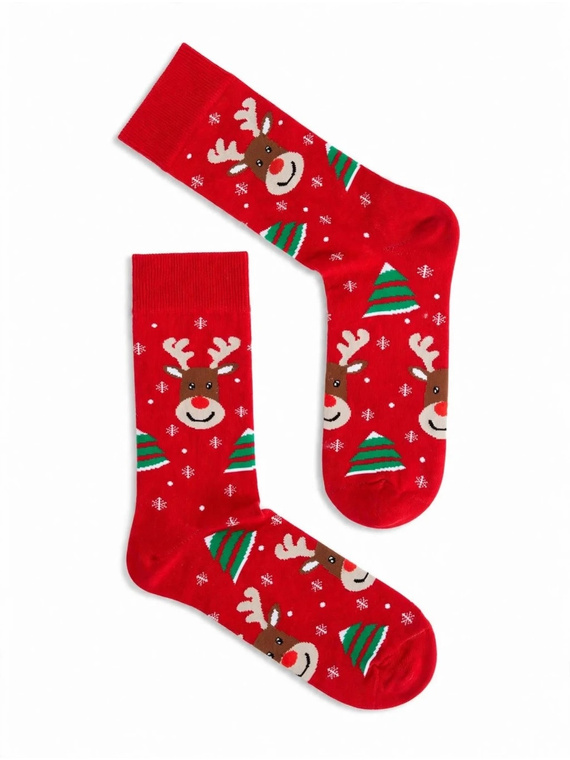 Calze da uomo Milena 1290-043 Renne e Alberi di Natale in cotone rosse festive