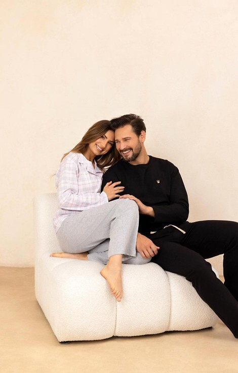 727 Pigiama da donna grigio Regina - 100% cotone, a quadri, camicia con bottoni