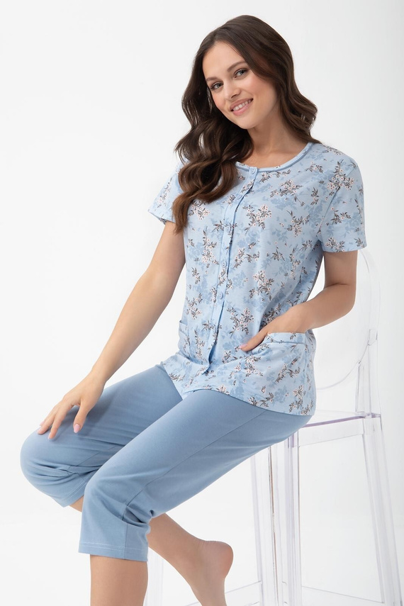 Pigiama donna Luna 1304 in cotone con bottoni e pantaloni capri
