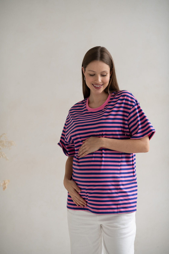 T-shirt premaman e per l'allattamento a righe rosa e blu di Mamahood Milk&Love - comoda ed elegante