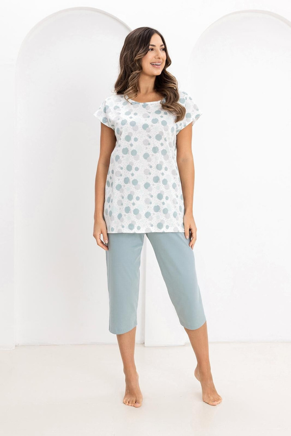Pigiama donna in cotone Regina 730 verde- Camicia a cerchi colorati, manica corta, pantaloni a 3/4, 100% cotone, comfort estivo