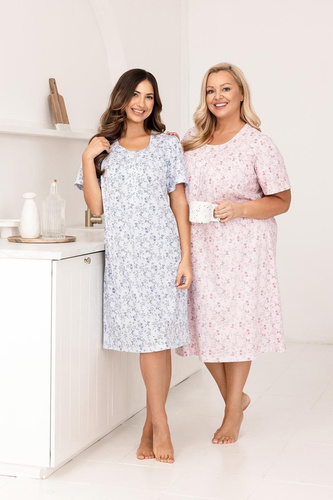 Camicia da notte da donna 018 Regina blue- 100% cotone premium, bottoni, collo a pieghe, sonno confortevole ogni notte