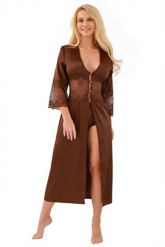 Peniuar da donna Kalimo Mindanao lungo in raso con pizzo e shorts - brown mono