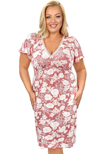 Camicia da notte da donna Tina Plus Donna rosa cipria - elegante camicia da notte in viscosa con stampa floreale, scollo a V con pizzo, manica corta a farfalla