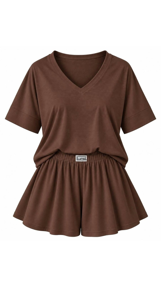 Luna 1313 pigiama donna marrone 100% cotone maglietta e pantaloncini corti