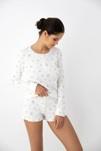 Pigiama donna Sensis Mireya in cotone con fiori, manica lunga e pantaloncini ecru