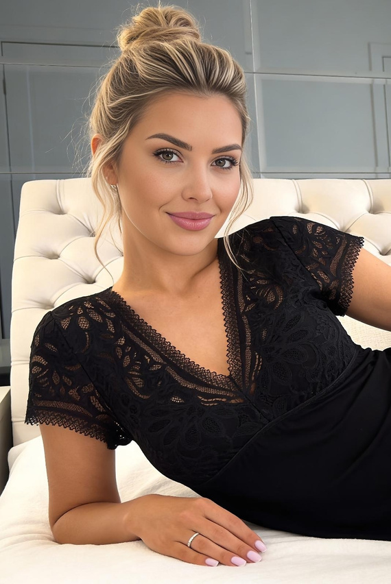 Koszula nocna Elena Donna z wiskozy z koronką, elegancka, miękka, dekolt w serek, czarna