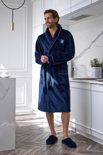 L&L 2661 Elegante Accappatoio Uomo Classico con Collo a Sciarpa Morbido blu scuro