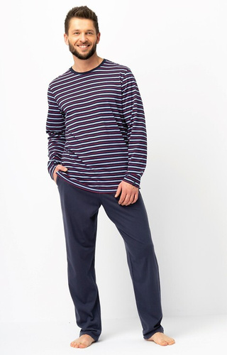 MNS 316 Pigiama Key da uomo blu navy - cotone, top a righe e pantaloni a tinta unita