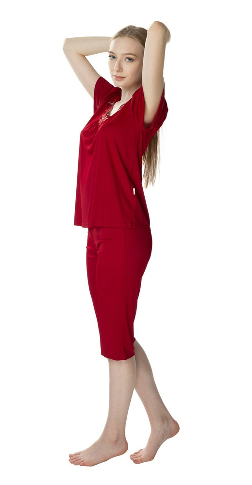 3639 Matylda Pigiama donna Mewa in seta bordeaux-viscosa, prodotto polacco, lunghezza 3/4