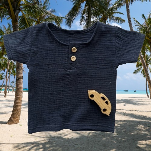 BL55105 Mamatti camicia polo in mussola blu navy manica corta con bottoni