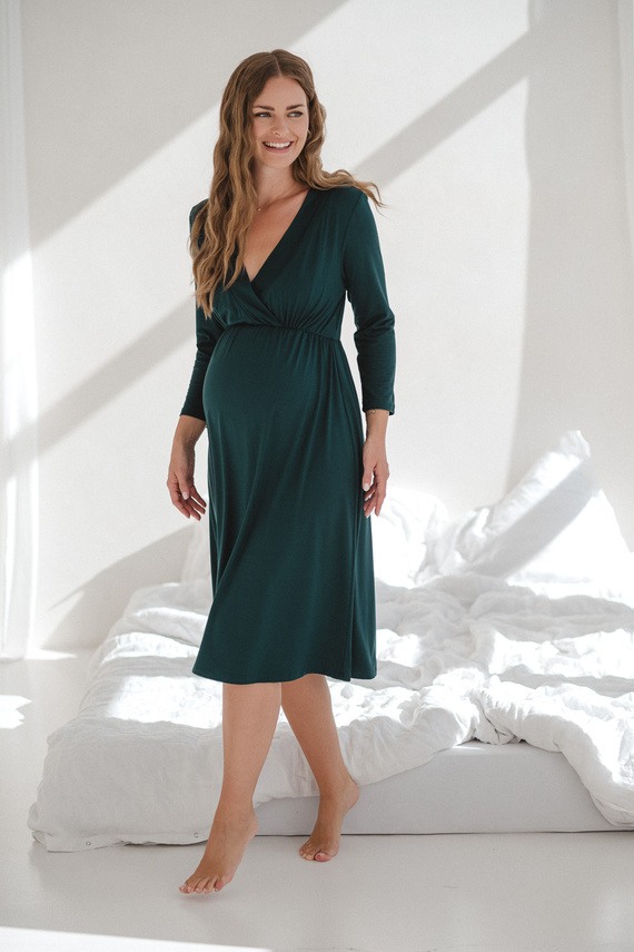 Star Light Camicia da notte in bambù per gravidanza e allattamento 7/8 Milk&Love verde bottiglia - traspirante, per l'ospedale, confortevole per l'allattamento al seno