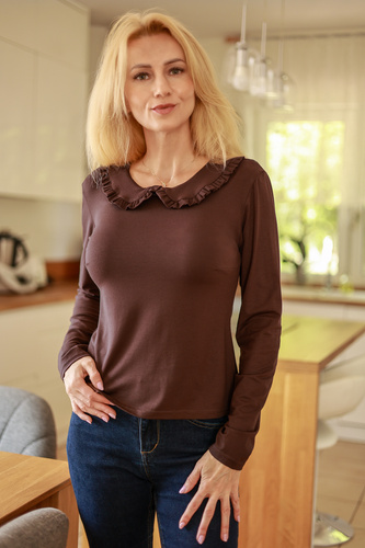 Mirale Anna Blusa Donna in Viscosa con Volant e Colletto - marrone