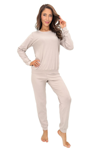 Donna Home Long Pigiama Donna Cotone Costine Manica Lunga e Pantaloni Beige