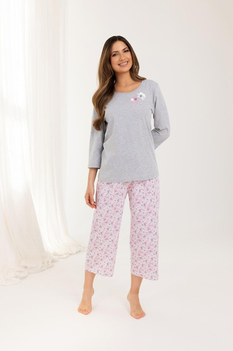 711 Pigiama da donna grigio Regina - cotone, manica 3/4, calze a rete, comfort quotidiano