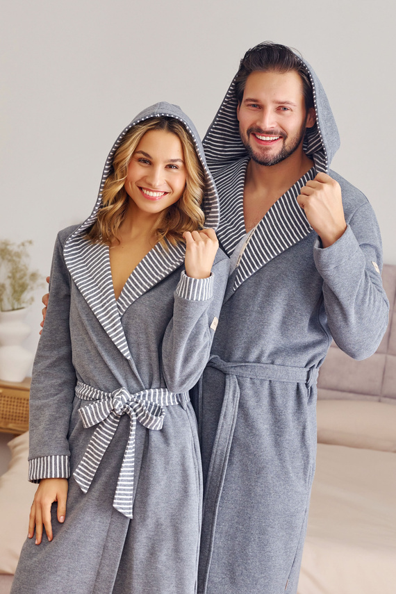 7230 Accappatoio da uomo Doctor Nap - cotone, cappuccio, finiture eleganti - grigio scuro