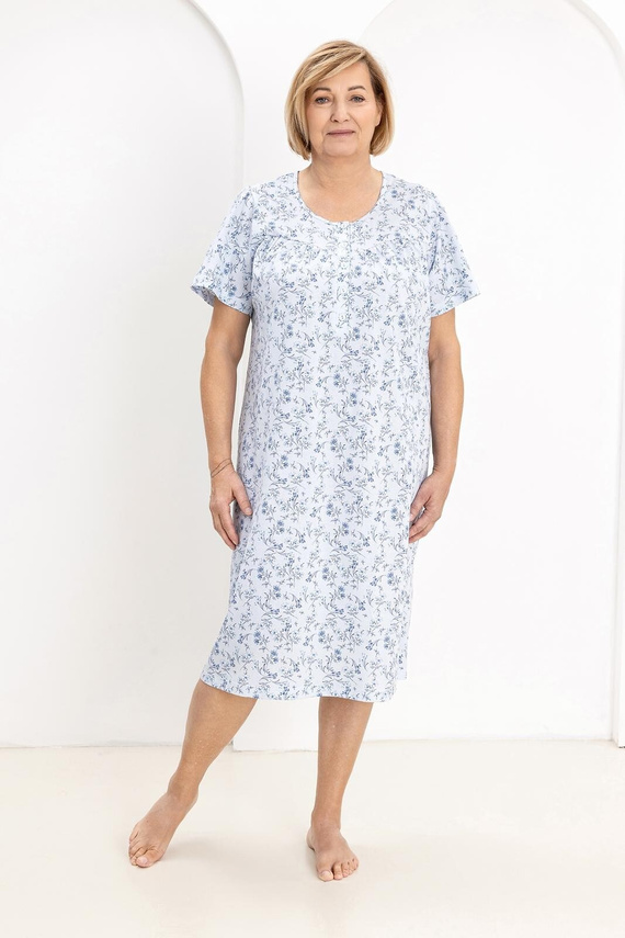 Camicia da notte da donna 018 Regina blue- 100% cotone premium, bottoni, collo a pieghe, sonno confortevole ogni notte