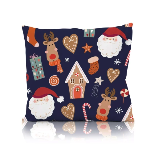 Federa decorativa natalizia Holly Jolly Faro - microfibra, blu navy con Babbo Natale e casetta di pan di zenzero