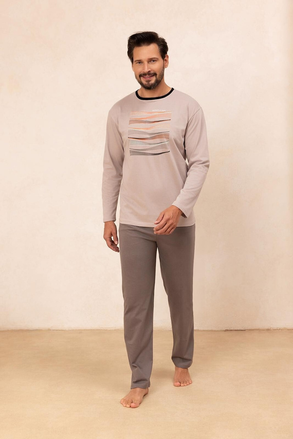 Regina 492 beige - pigiama da uomo in cotone a maniche lunghe, taglio classico