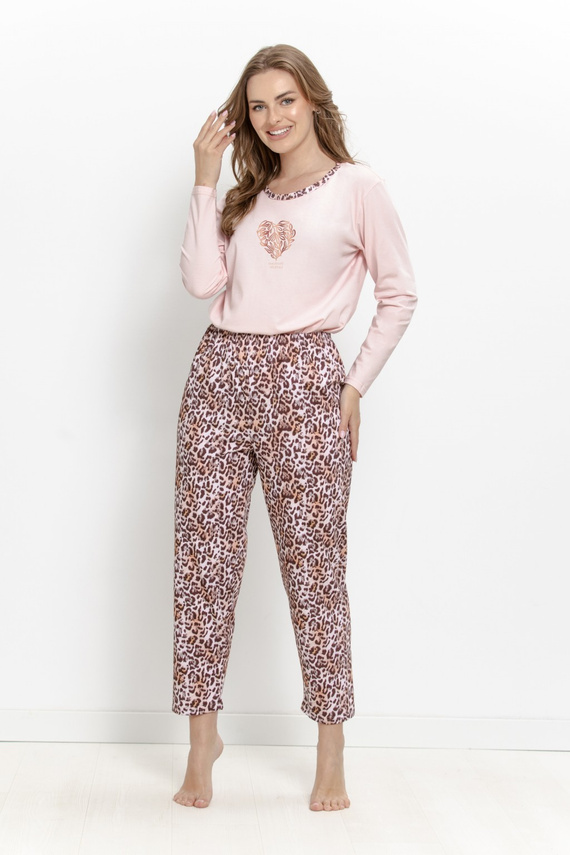 Pigiama donna Taro Pinki 3622 100% cotone lunga rosa polvere con stampa leopardata