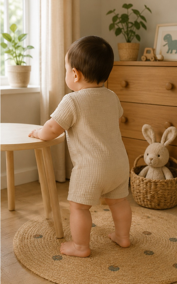 RA55215 Mamatti Rampers muślinowy beige con bottoni in legno per l'estate
