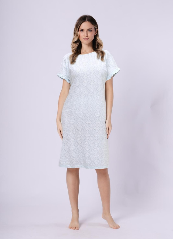 Camicia da notte da donna 1730 Clea Leveza menta | 100% cotone | Stampa orientale, manica corta con volant, lunghezza prima del ginocchio Composizione: 100% cotone