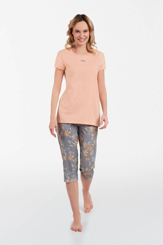 Kasali Pigiama donna manica corta e pantaloni 3/4 Moda italiana - salmone/stampa