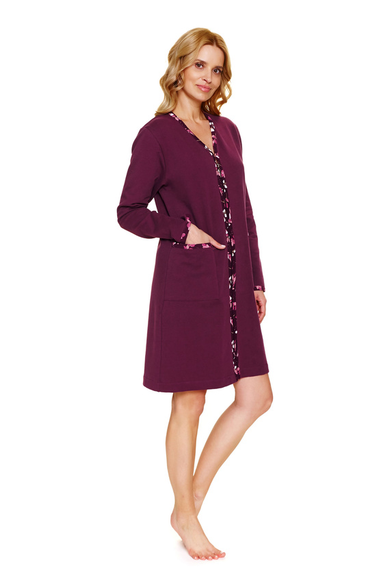 7319 Accappatoio da donna De Lafense bordeaux - cotone, zip, accenti floreali