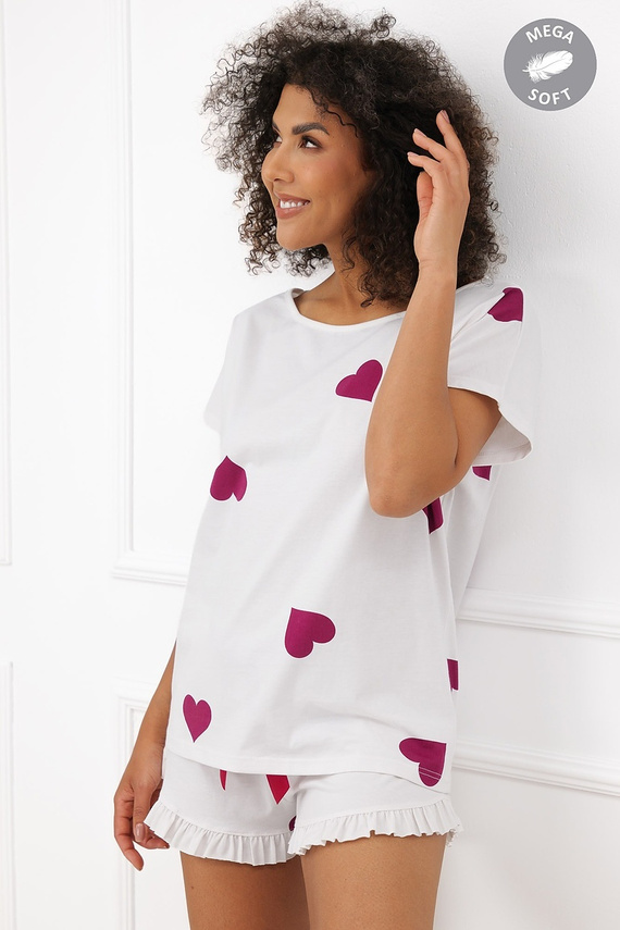 Italian Fashion Soul Pigiama donna corta Mega Soft ecru con cuori bordeaux