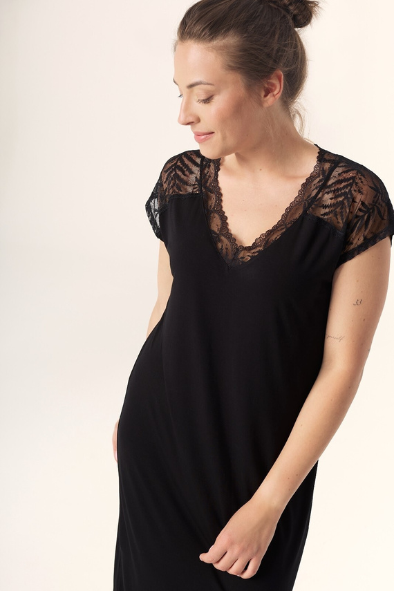 Camicia da notte Petra KB59 Mefemi Nipplex nero - viscosa, pizzo, manica corta, prima del ginocchio