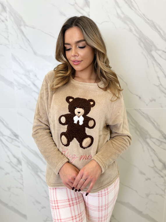 Pigiama da donna Madlen Sorbetto marrone - in pile, con ricamo di orsetto e pantaloni a quadri