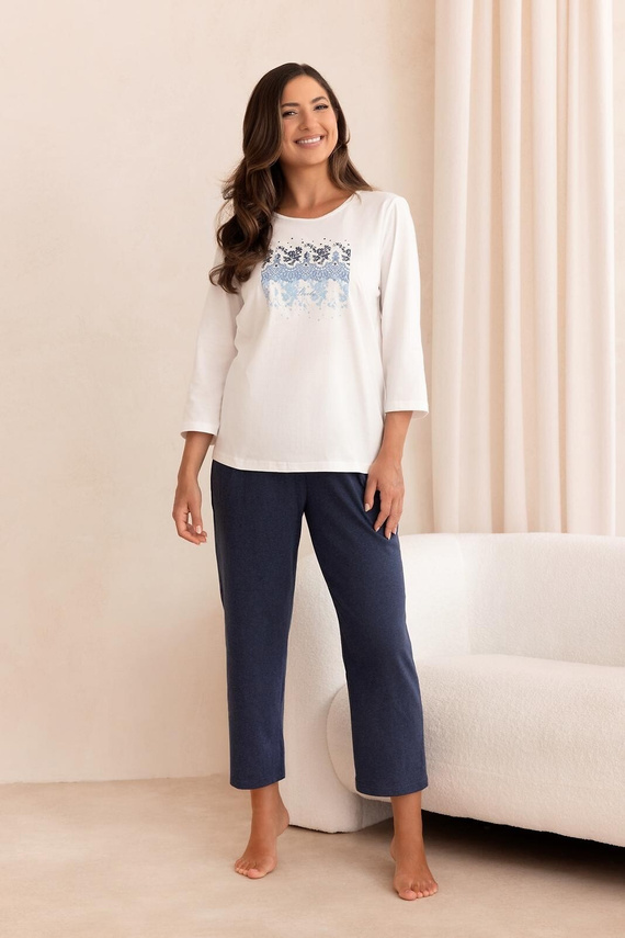 Pigiama donna Regina 4024 100% cotone Manica 7/8 Pantaloni 7/8 ecru