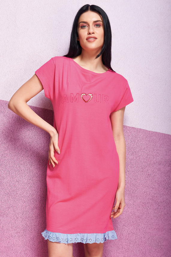 Oxksana Camicia da notte rosa - 100% cotone, cuore ricamato, pizzo e volant