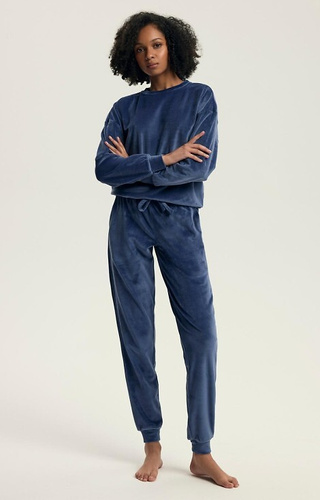43722 Delanie Pigiama Henderson donna in velluto blu, manica lunga e pantaloni